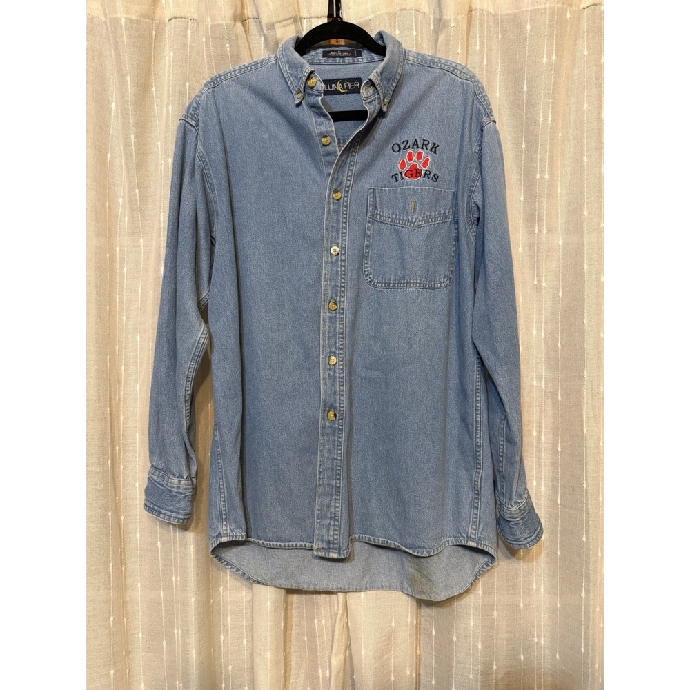 Luna Pier Embroidered Denim Button-Down Shirt Blue Men's Medium Long Sleeve